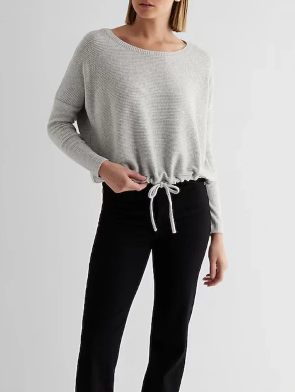 MICHAEL KORS Gray Ribbed Crop Length Long-Sleeve Drawstring Top S NWOT